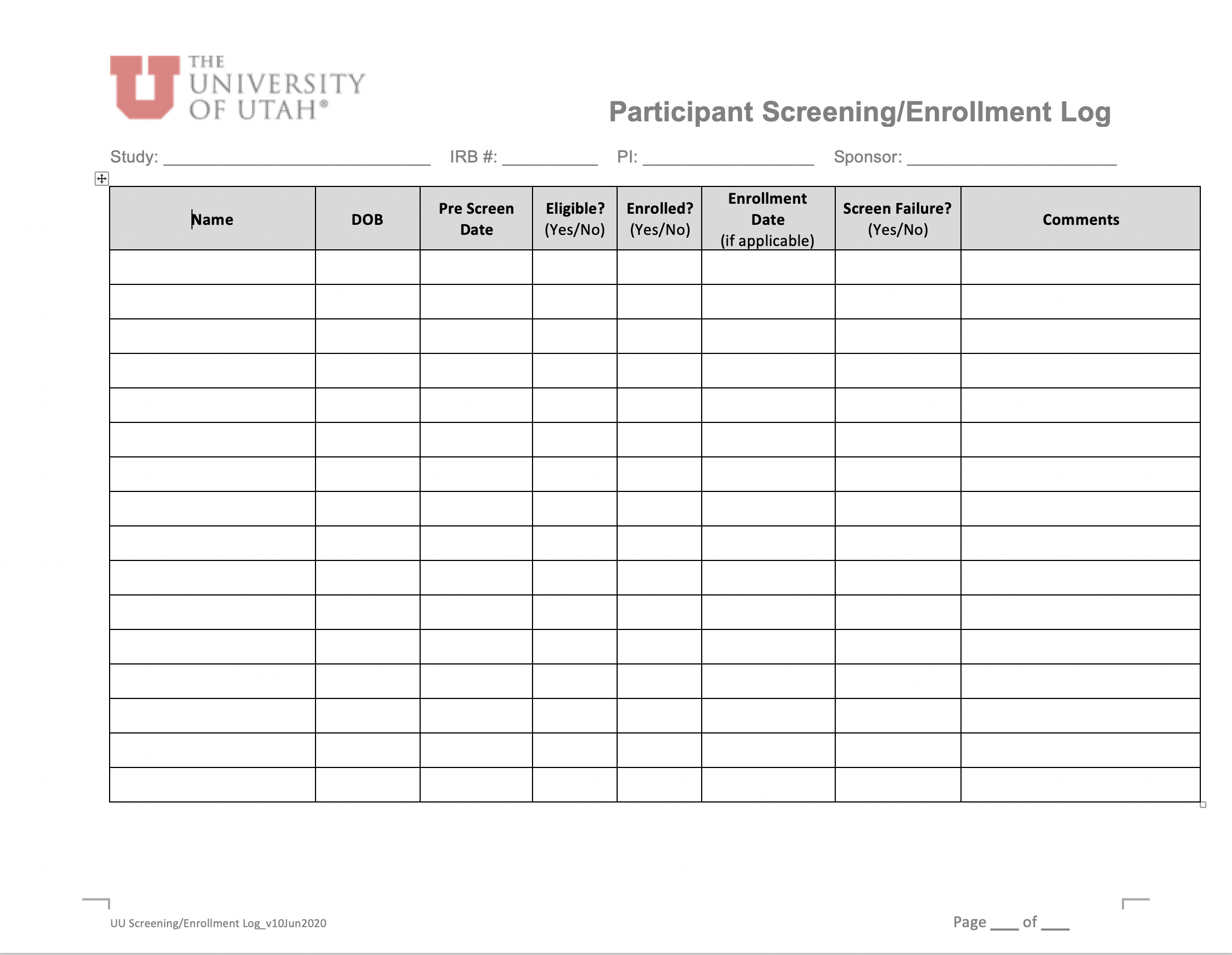 Participant Screening/Enrollment Log