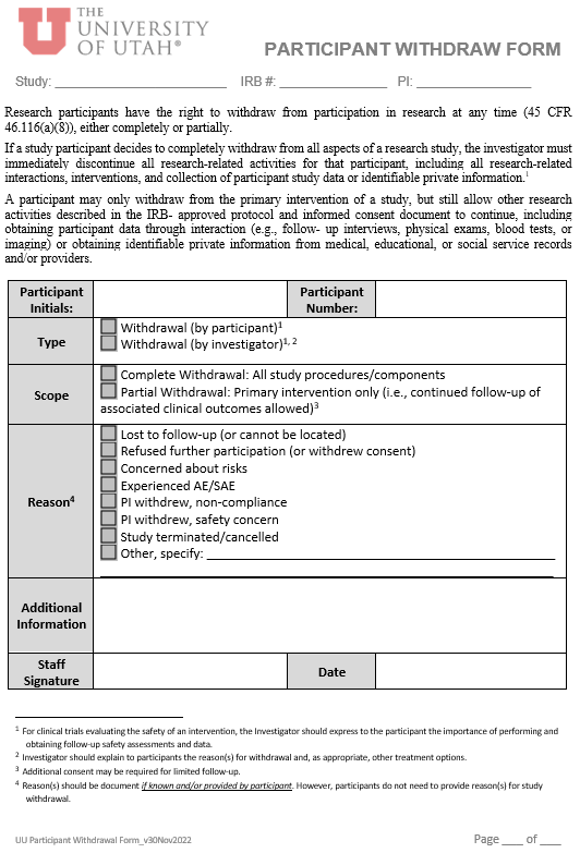 screenshot of the participant withdrawal form template